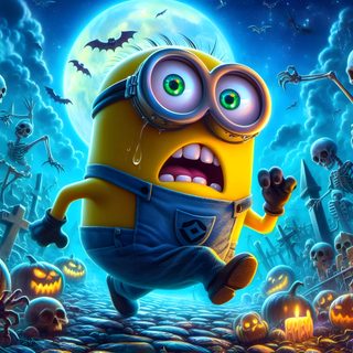 a cartoon minion running through a graveyard with pumpkins and skeletons in the background Minion Halloween Desktop Minions Desktop, Minions Halloween, Desktop Minions, dark slate gray