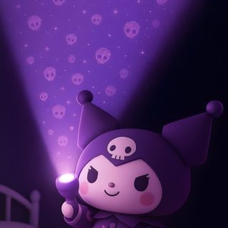 a little kid in a purple outfit with skulls on the wall behind it and a skull light Halloween Purple Halloween Cute Kuromi Cute Kuromi 3d, Kuromi Purple Cute, Kuromi Iphone, dark slate blue
