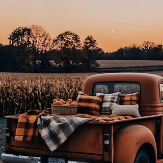 an old pickup truck parked in a field with pumpkins on the ground next to it Country Halloween Fall Background Aesthetic, Backgrounds Fall Aesthetic, Fall Pictures Background, dark olive green