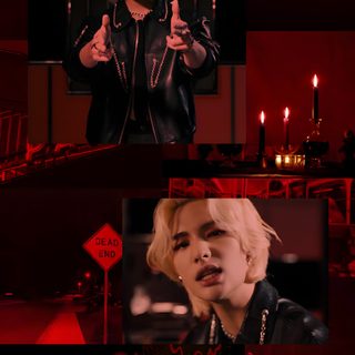 a collage of photos with the same person holding a cell phone Hyunjin Halloween Skz Venom Spider, Hyunjin Venom Outfit, Venom Stray Kids, Stray Kids Red And Black,