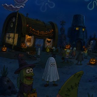 two cartoon characters dressed as witches and ghostes standing in front of a halloween shop Spongebob Halloween Night Aesthetic, Halloween Night, Halloween, dark slate gray