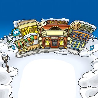 a cartoon town surrounded by snow on a blue background with space for text or image Club Penguin Halloween Cartoons Background, Club Penguin Halloween, Club Penguin Christmas, light gray