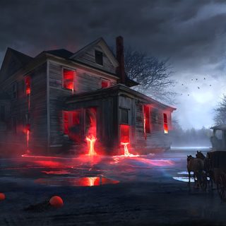 a creepy house is lit up with red lights in the dark and it appears to be halloween Bing Halloween Haunted Barn Hd, Spooky House For Laptop, Haunted House Background, dark slate gray