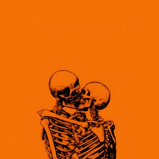 an orange background with a black and white drawing of a skeleton sitting in a chair Retro Halloween Orange Orange Cartoon, Orange Illustration, Orange, Halloween, Spooky Halloween, chocolate
