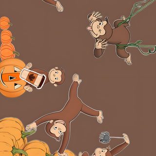 monkeys and pumpkins are flying in the air Halloween Curios George dim gray