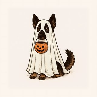 a dog dressed up as a ghost with a pumpkin in its mouth Halloween Dog Cute Halloween Photos, German Shepherd Pumpkin Painting, Cute Fall Art, Halloween Dog, linen