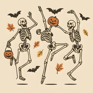 three skeletons dancing with pumpkins and bats Halloween Dance Aesthetic Vintage Halloween Art, Retro Halloween Graphics, Halloween Fall Widgets, bisque