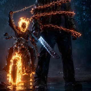 a man standing next to a motorcycle in the rain with flames coming out of it Halloween Jason Voorhees black