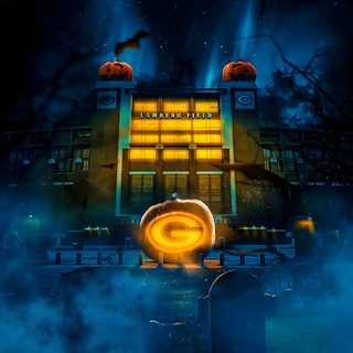 an advertisement for the lego movie, featuring a building with pumpkins on its roof Packers Halloween Lambeau Field, Go Pack Go, Green Bay Packers, Happy Halloween, Halloween, Green, black