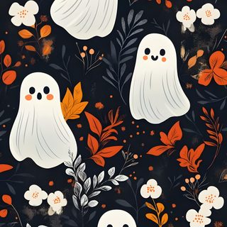 a black background with white ghost and orange leaves on it, surrounded by red flowers Halloween Flowers Halloween Aesthetic Iphone, Autumn Ghost Illustration, Pumpkin Artwork, black