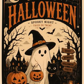 a halloween poster with a ghost and two black cats Halloween Poster black