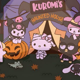 an animated halloween scene with cats and pumpkins in front of a sign that says kudom's haunted house Kuromi Sanrio Halloween Hello Kitty Halloween Laptop, Sanrio Fall Laptop, Hello Kitty Halloween Desktop, dark olive green