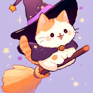 a cat flying on top of a broom with a witches hat and stars in the background Kawaii Cute Halloween Cat Kawaii Cute Halloween Cat, Cute Cat Halloween, Chat Halloween Kawaii, thistle