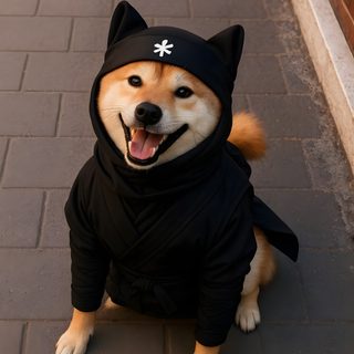 a dog wearing a hoodie sitting on the ground with its mouth open and tongue out Shiba Inu Halloween Doge Ninja, Shiba Pokemon, Ninja Shiba Inu, Shiba Inu Samurai, dark olive green