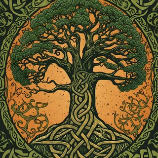 the tree of life is depicted in an intricate celtic style design, with orange and green colors Halloween Celtic Celtic Mythology, Celtic Irish Art, Yggdrasil Iphone, Celtic Ideas, dark olive green