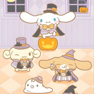 an image of halloween characters with pumpkins in the background and text that reads, sweet halloween Cinnamon Roll Hello Kitty Halloween Cinnamoroll Fall, Cinnamon Roll Thanksgiving, Cinnamoroll Halloween, gainsboro