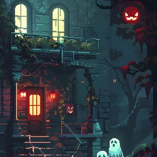 an animated halloween scene with pumpkins and ghost's in front of a house 8 Bit Halloween Halloween Pixel Art, Pixel Halloween Background, Pixel Art Spooky, dark slate gray