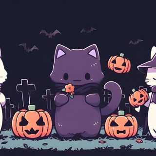 three cats dressed up as witches with pumpkins in front of them and bats on the ground Anime Cat Halloween Halloween Pc, Halloween Sanrio Desktop, Halloween Cute Laptop, dark slate gray