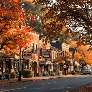 a street lined with lots of trees covered in fall leaves Halloween Town Background Landscape Fall, Fall Town, Herbst Rezepte, Fall Background, saddle brown