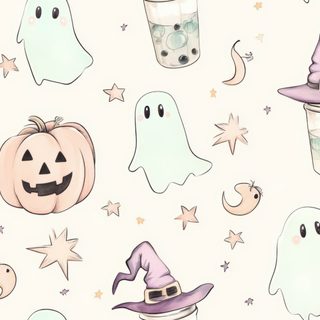 halloween seamless wallpaper with pumpkins, ghost and other items on it in pastel colors Pastel Halloween Desktop floral white