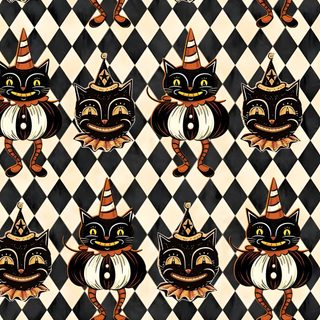 a black and white checkered pattern with cats wearing hats on it's heads Johanna Parker Halloween Vintage Halloween Art, Halloween Queen, Goth Home, Goth Home Decor, dark slate gray