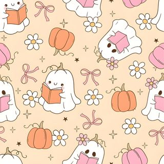 an image of a pattern with animals and pumpkins on the ground in pastel colors Halloween Pastel bisque