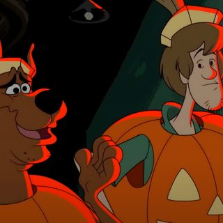 an animated image of two people dressed up as dogs and pumpkins, with one holding a jack - o'- lantern Scooby Doo Halloween 1920x1080 Cartoon Themed Party Inspiration, Halloween Cartoon Characters, Halloween Costume Ideas For Kids, maroon