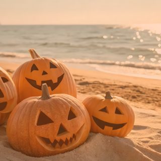 three carved pumpkins sitting in the sand at the beach Beach Halloween Halloween Beach, Halloween Books, Gothic Horror, Beach Time, Beach Reading, dark khaki