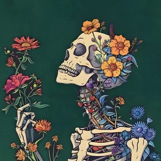 a drawing of a skeleton holding flowers in its hand and looking at it's face Halloween Skeleton Desktop Cover Pics For Facebook Aesthetic, Van Gogh, Cover Pics, dark slate gray