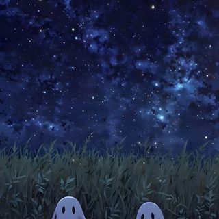 two ghost heads sitting in the grass under a night sky filled with stars and clouds Rainy Halloween Night Sky Matching Halloween, Ghost Iphone, Ghost Phone Aesthetic, Spooky, midnight blue