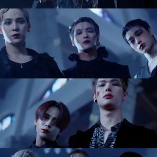 some people are standing together and one is looking up at the sky with his eyes closed Ateez Halloween Ateez Hala Hala Photoshoot, The Black Cat Nero, Kpop Demon Hunters Boy Group, midnight blue