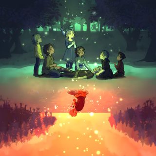 some people are sitting on the ground at night and one is watching something in the sky The Owl House Halloween Fantasy High, Boiling Isles, The Owl House Background Art, dark olive green