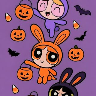 the powerpuff girls are flying through the air with pumpkins Powerpuff Girls Halloween slate gray