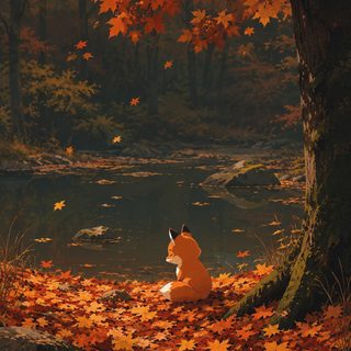 a painting of a dog sitting under a tree in the fall with leaves on the ground Halloween Forest Animals Autumn Fantasy, Fall Backgrounds, Fox, Cute Fox, Fox Artwork, dark slate gray