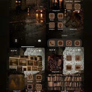 a bunch of pictures that are on top of a table with candles in the background Halloween Layout Ios Theme Brown, Iphone Background Theme Ideas, Iphone Layout Ideas Aesthetic, black