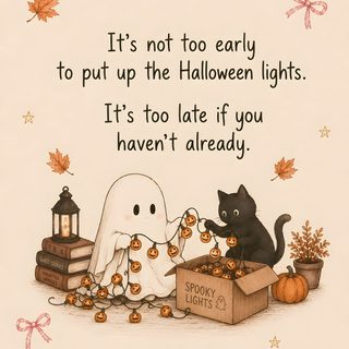 a halloween card with a black cat and ghost in a box on the ground next to pumpkins Halloween Quotes Aesthetic bisque