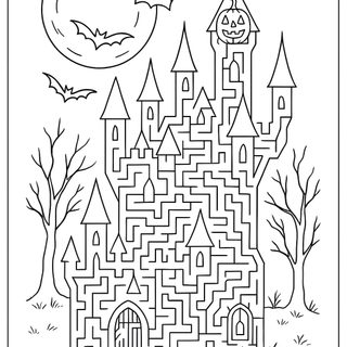 a coloring page with a castle and bats in the sky, as well as a full moon Halloween Maze Otomi Embroidery Playmat Halloween Maze Coloring Pages, Maze Pages Printable, Halloween Maze Printable Hard, white