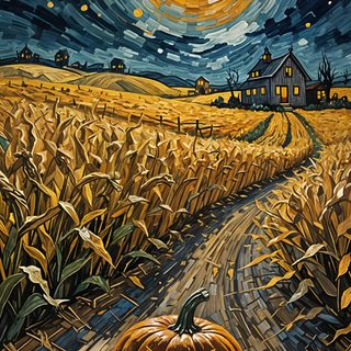 a painting of a pumpkin in the middle of a cornfield with a full moon and stars above it Van Gogh Halloween Van Gogh, Fall Painting, Van Gogh Starry Night Halloween, Halloween, dark olive green