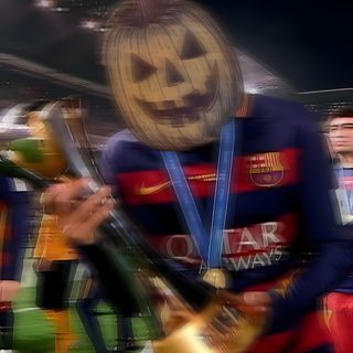 a group of people standing on top of a soccer field wearing pumpkin costumes and holding trophies Football Halloween Psg Neymar, Halloween, dark slate gray