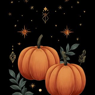 two orange pumpkins sitting on top of a wooden table next to leaves and stars Black And Gold And Orange Halloween Pattern,