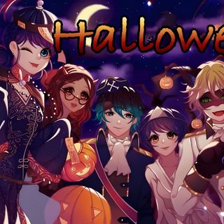 an anime scene with many people dressed up in costumes and holding pumpkins at night Miraculous Ladybug Halloween Miraculous Pumpkin, Pumpkin Cat Miraculous, Ladybug And Cat Noir Halloween, dark slate gray