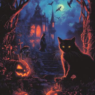 a black cat sitting on top of a pile of pumpkins in front of a castle Vintage Halloween- Bobcats Castle Spooky Halloween Night Art, Vintage Black Cat Halloween, Spooky Halloween Night, dark slate gray
