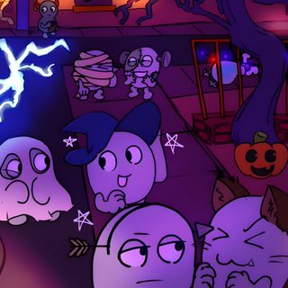 an animated image of some people in the dark with pumpkins and bats on them Bfdi Halloween Bfdi Halloween, Bfdi Halloween Pfp, Bfdi Donut X Gelatin, Bfdi Banner, indigo