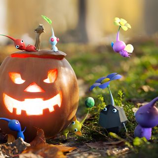 an illuminated pumpkin sitting in the grass surrounded by small toy figurines Pikmin Halloween Pikmin Pumpkin Carving, Pikmin Halloween Costume, Halloween Pikmin, dark olive green