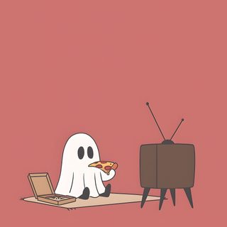 a ghost eating pizza in front of a tv Funny Halloween Aesthetic Pizza Ghost Drawing On Green Background, Ghost Funny, Cute Cartoon Ghost Background, indian red