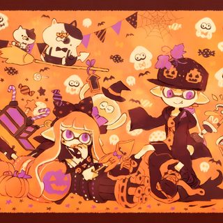 an image of a halloween scene with cats and witches Splatoon Halloween Callie And Marie, Fandom Memes, Game Pictures, Splatoon, Pretty Art, Cute Art, coral