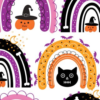 halloween seamless wallpaper with cats, witches and rainbows in the background - patterns decorative Rainbow Halloween light pink