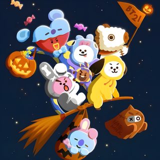 a bunch of stuffed animals are hanging on a tree branch with bats and pumpkins Bt21 Halloween Bt21 Pumpkin Painting, Bt21 Fall, Bt21 Thanksgiving, Koya And Shooky Bt21, midnight blue