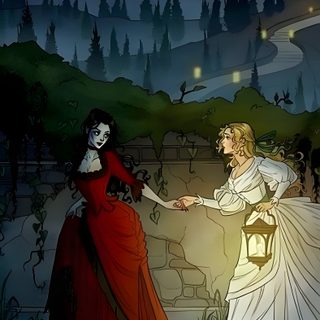 two women dressed in white and red are holding hands as they walk through the woods at night Sapphic Halloween Lesbian Demon, Sapphic Vampires, Lesbian Medieval, Vampire Wife, dark slate gray