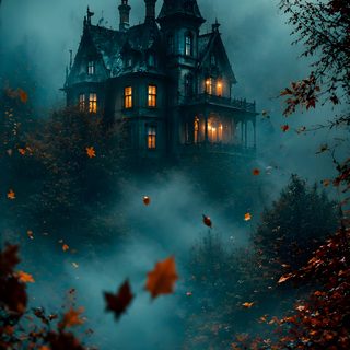 a creepy house in the middle of a foggy forest with leaves flying around it Dark Fantasy Halloween dark slate gray
